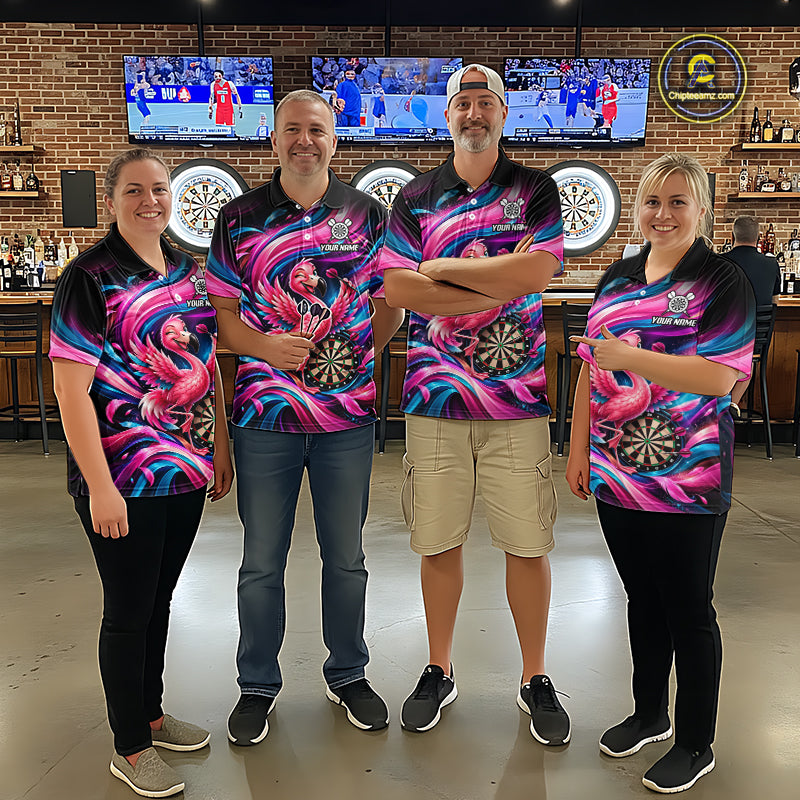 Personalized Men Flamingo Darts Polo 1/4-Zip Shirt Neon Pink & Blue Funny Darts Team Uniform NYN4793