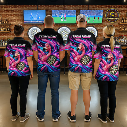 Personalized Men Flamingo Darts Polo 1/4-Zip Shirt Neon Pink & Blue Funny Darts Team Uniform NYN4793