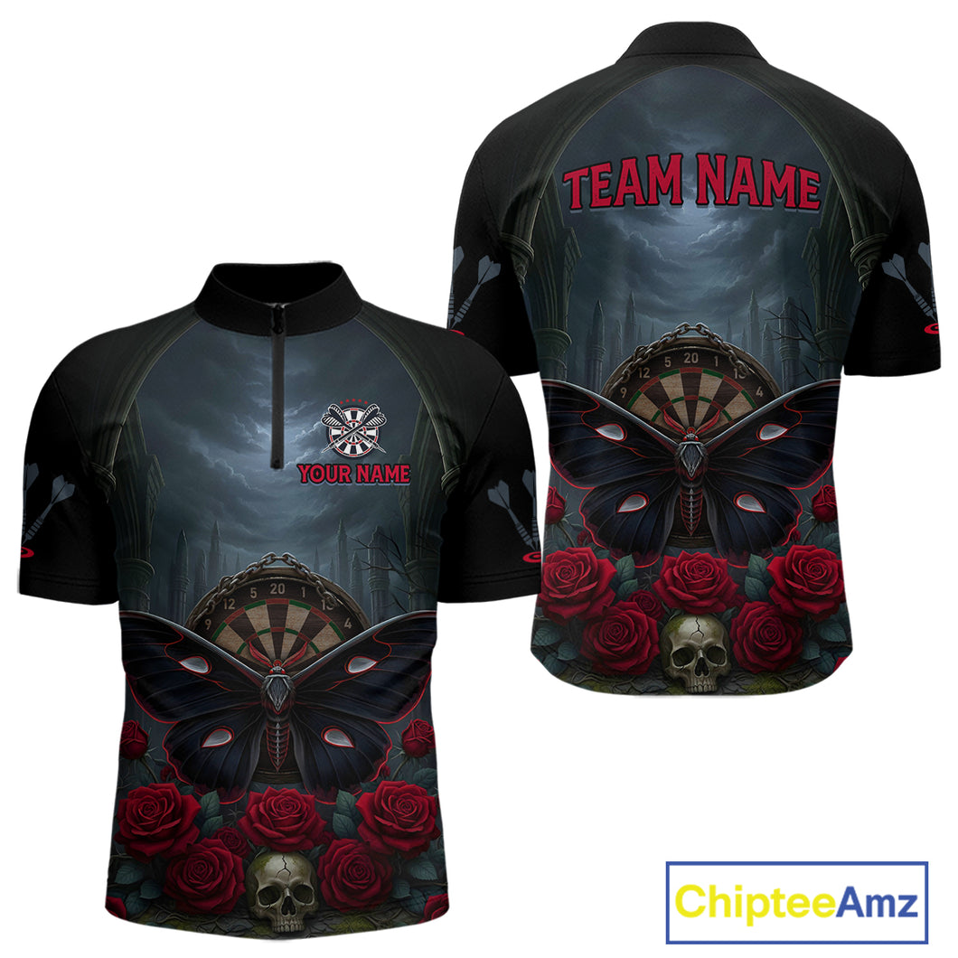 Red Butterfly Roses Dartboard Skull Custom Men Darts Quarter-Zip Shirt Gothic Dart Jerseys NYN1911