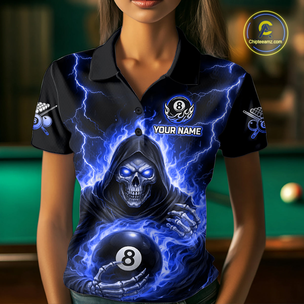 Blue Flames Grim Reaper Holding 8 Ball Pool Women Polo & 1/4-Zip Shirt Personalized Billiard Gifts NYN2661