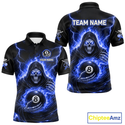 Blue Flames Grim Reaper Holding 8 Ball Pool Men Polo & 1/4-Zip Shirt Personalized Billiard Gifts NYN2661
