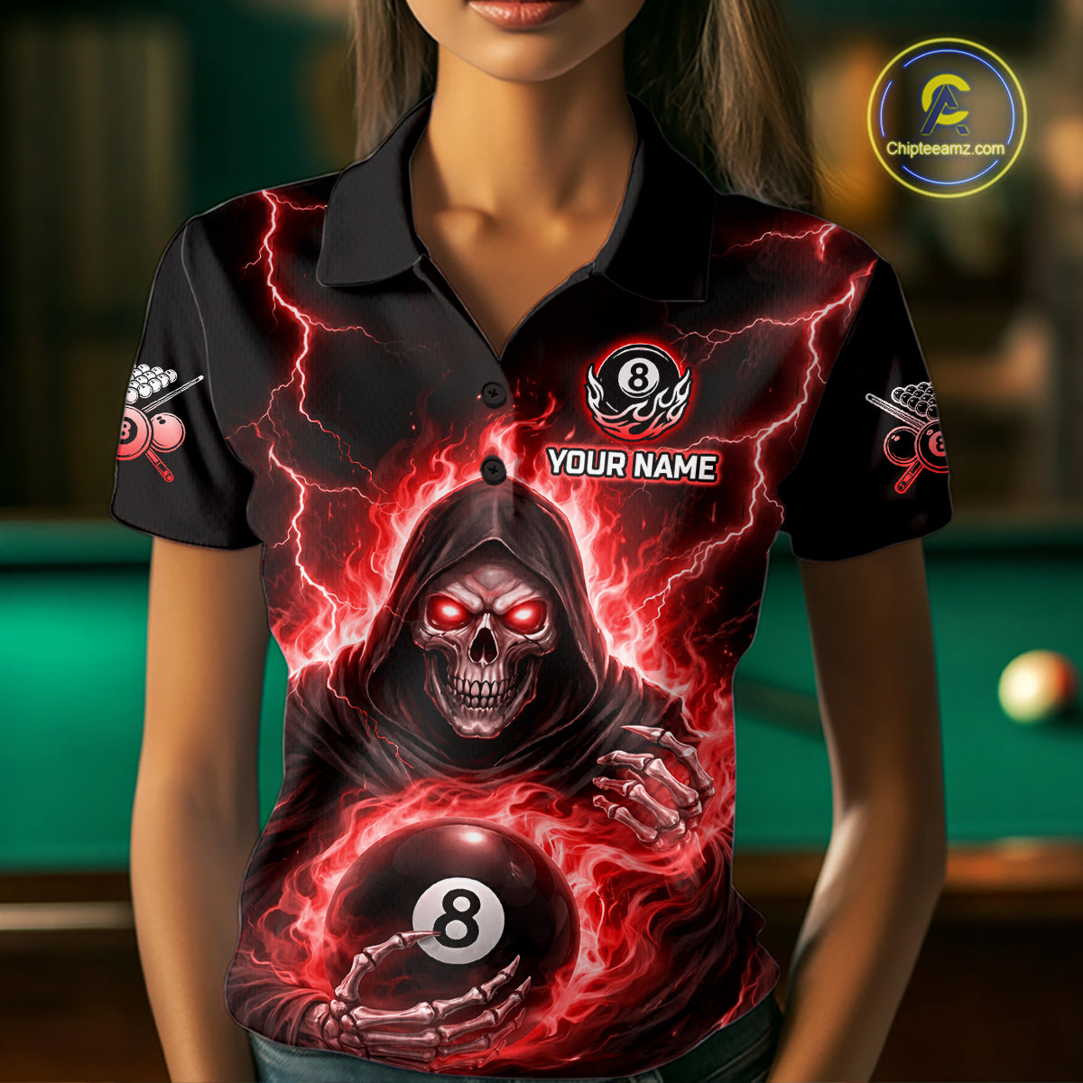 Red Flames Grim Reaper Holding 8 Ball Pool Women Polo & 1/4-Zip Shirt Personalized Billiard Gifts NYN2662