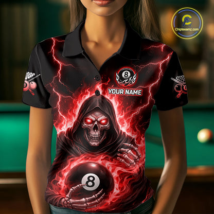 Red Flames Grim Reaper Holding 8 Ball Pool Women Polo & 1/4-Zip Shirt Personalized Billiard Gifts NYN2662