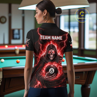 Red Flames Grim Reaper Holding 8 Ball Pool Women Polo & 1/4-Zip Shirt Personalized Billiard Gifts NYN2662