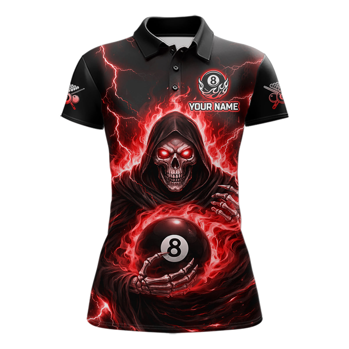 Red Flames Grim Reaper Holding 8 Ball Pool Women Polo & 1/4-Zip Shirt Personalized Billiard Gifts NYN2662