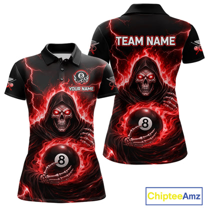 Red Flames Grim Reaper Holding 8 Ball Pool Women Polo & 1/4-Zip Shirt Personalized Billiard Gifts NYN2662