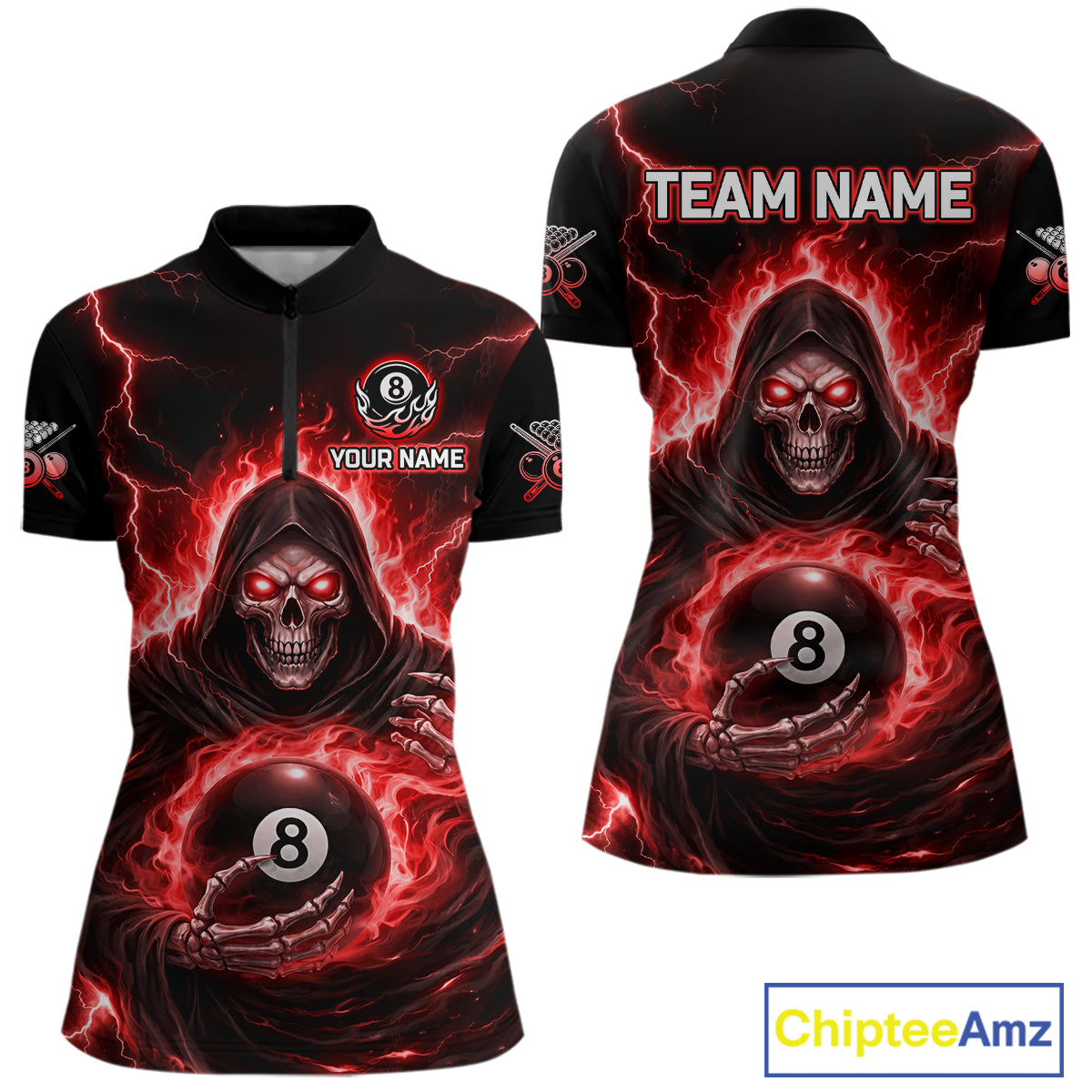 Red Flames Grim Reaper Holding 8 Ball Pool Women Polo & 1/4-Zip Shirt Personalized Billiard Gifts NYN2662