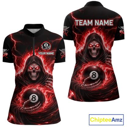 Red Flames Grim Reaper Holding 8 Ball Pool Women Polo & 1/4-Zip Shirt Personalized Billiard Gifts NYN2662