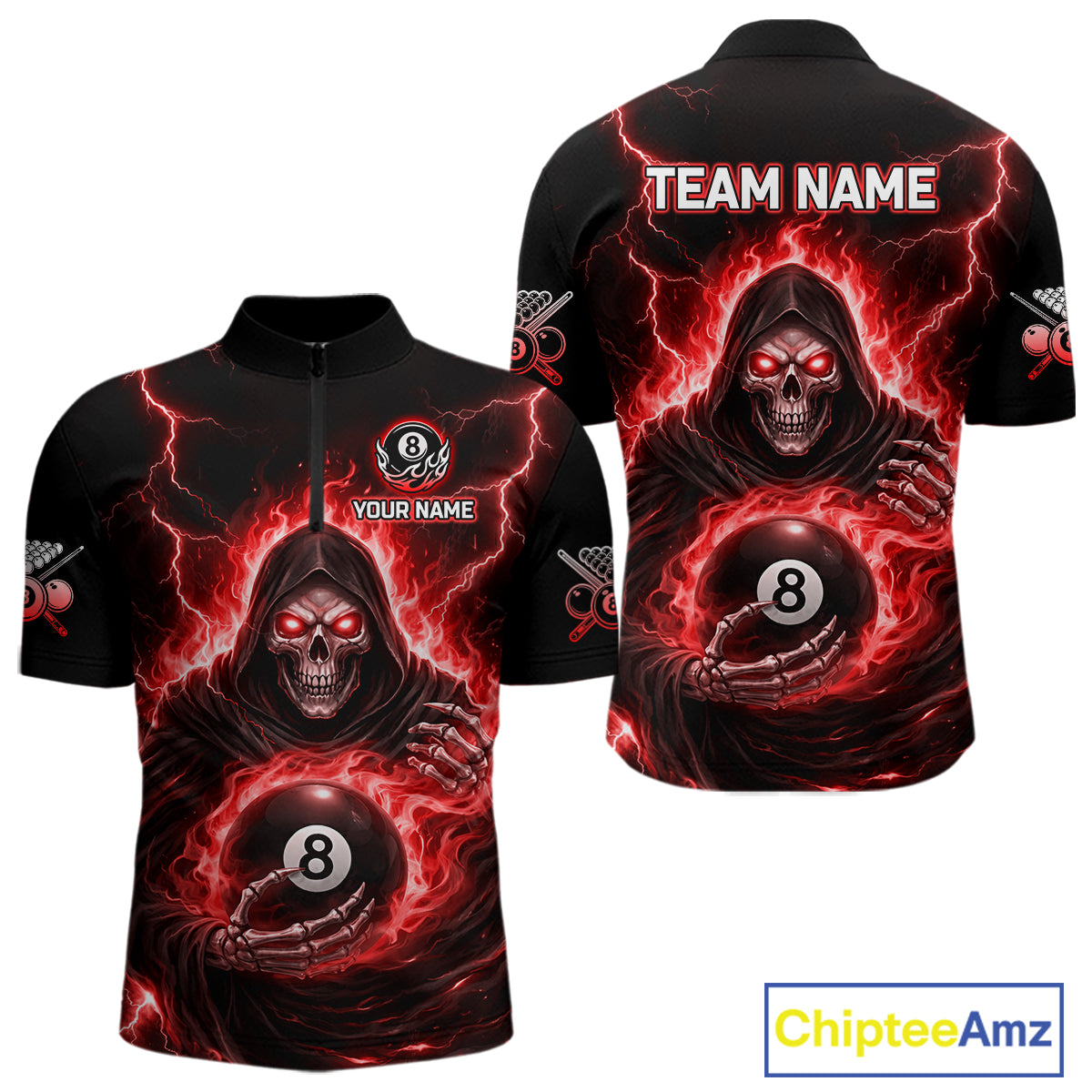 Red Flames Grim Reaper Holding 8 Ball Pool Men Polo & 1/4-Zip Shirt Personalized Billiard Gifts NYN2662