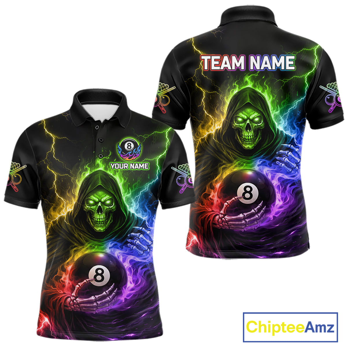 Colorful Flames Grim Reaper Holding 8 Ball Pool Men Polo & 1/4-Zip Shirt Personalized Billiard Gifts NYN2663