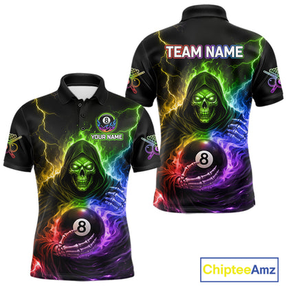 Colorful Flames Grim Reaper Holding 8 Ball Pool Men Polo & 1/4-Zip Shirt Personalized Billiard Gifts NYN2663