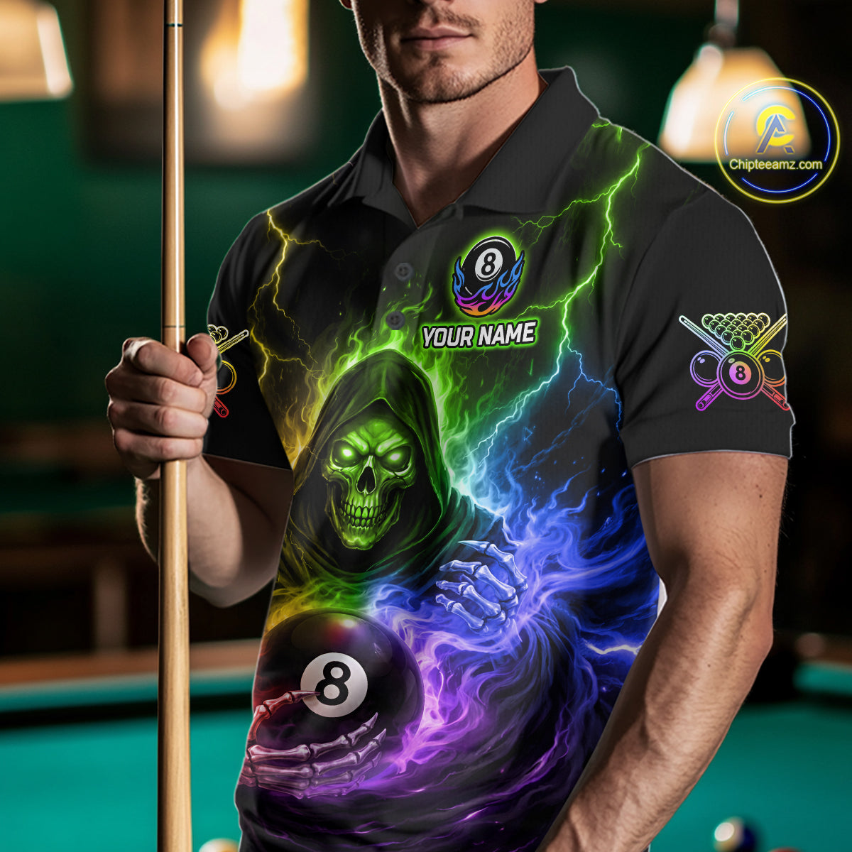 Colorful Flames Grim Reaper Holding 8 Ball Pool Men Polo & 1/4-Zip Shirt Personalized Billiard Gifts NYN2663