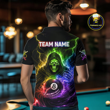 Colorful Flames Grim Reaper Holding 8 Ball Pool Men Polo & 1/4-Zip Shirt Personalized Billiard Gifts NYN2663