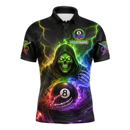 Colorful Flames Grim Reaper Holding 8 Ball Pool Men Polo & 1/4-Zip Shirt Personalized Billiard Gifts NYN2663