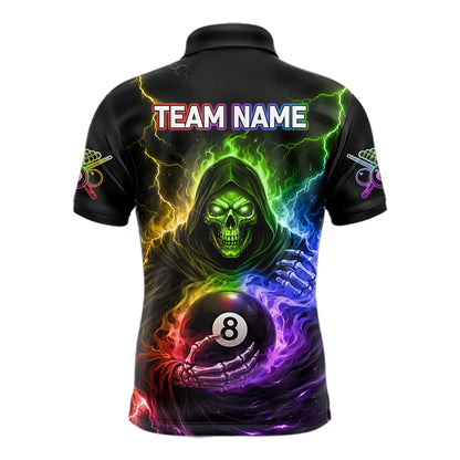 Colorful Flames Grim Reaper Holding 8 Ball Pool Men Polo & 1/4-Zip Shirt Personalized Billiard Gifts NYN2663