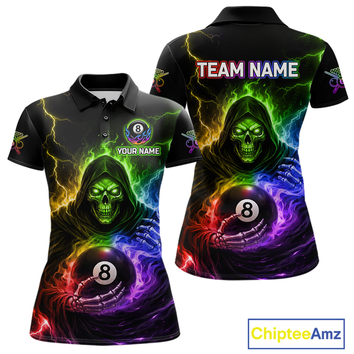 Colorful Flames Grim Reaper Holding 8 Ball Pool Women Polo & 1/4-Zip Shirt Personalized Billiard Gifts NYN2663