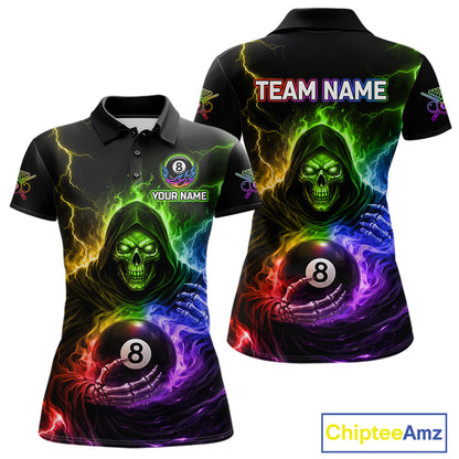 Colorful Flames Grim Reaper Holding 8 Ball Pool Women Polo & 1/4-Zip Shirt Personalized Billiard Gifts NYN2663