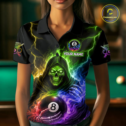 Colorful Flames Grim Reaper Holding 8 Ball Pool Women Polo & 1/4-Zip Shirt Personalized Billiard Gifts NYN2663