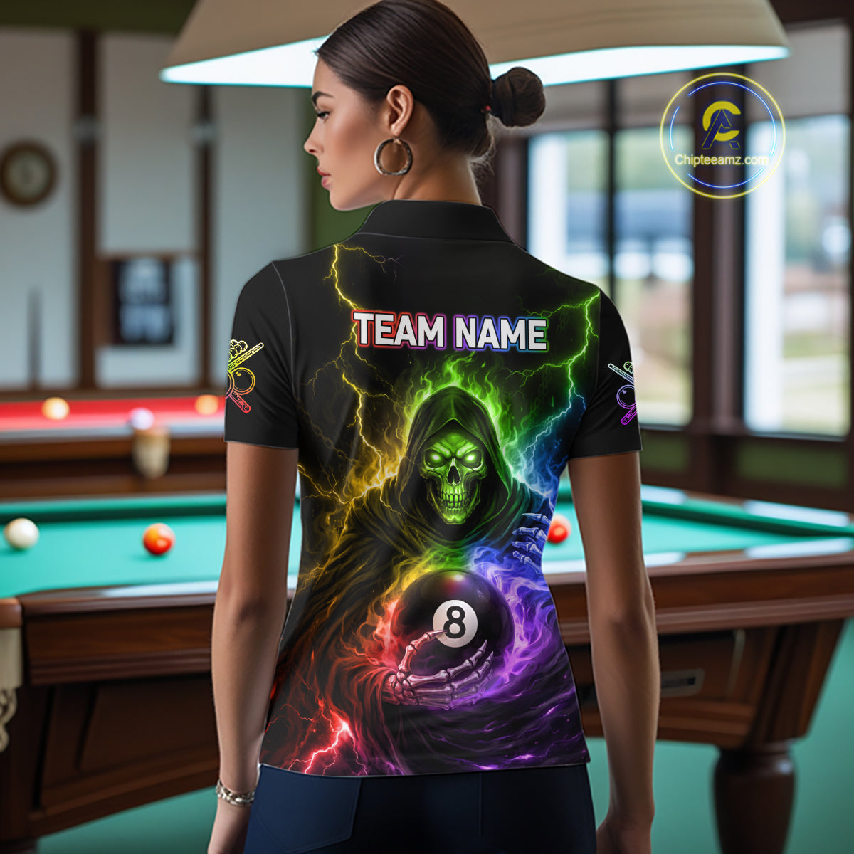 Colorful Flames Grim Reaper Holding 8 Ball Pool Women Polo & 1/4-Zip Shirt Personalized Billiard Gifts NYN2663