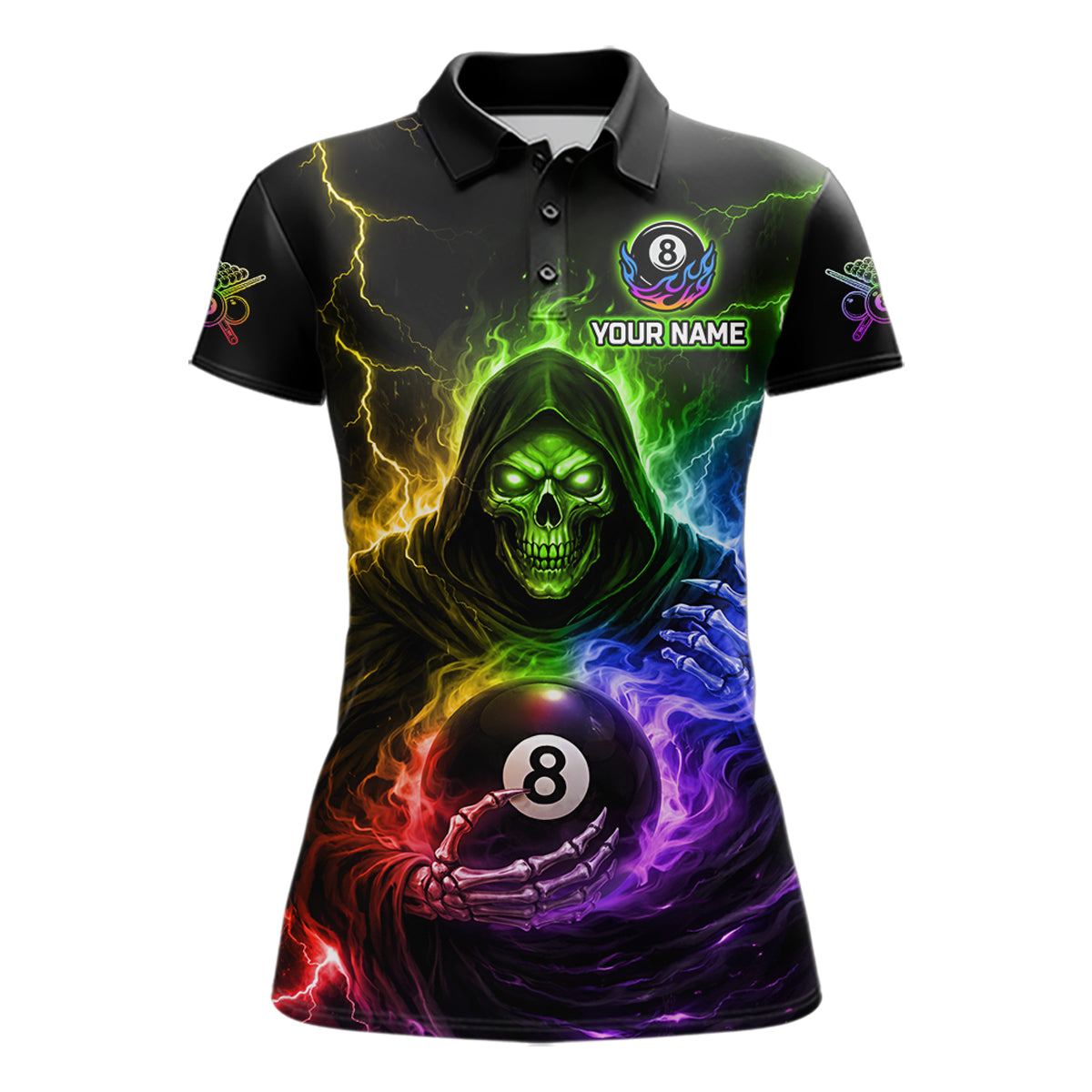 Colorful Flames Grim Reaper Holding 8 Ball Pool Women Polo & 1/4-Zip Shirt Personalized Billiard Gifts NYN2663