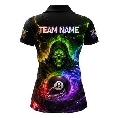 Colorful Flames Grim Reaper Holding 8 Ball Pool Women Polo & 1/4-Zip Shirt Personalized Billiard Gifts NYN2663