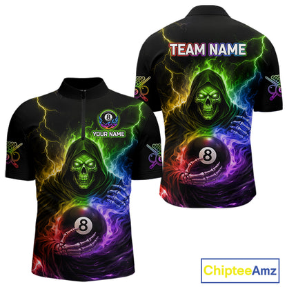 Colorful Flames Grim Reaper Holding 8 Ball Pool Men Polo & 1/4-Zip Shirt Personalized Billiard Gifts NYN2663