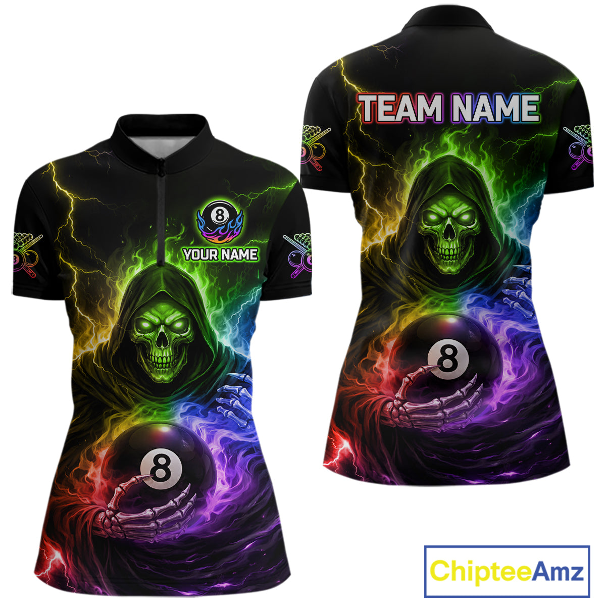 Colorful Flames Grim Reaper Holding 8 Ball Pool Women Polo & 1/4-Zip Shirt Personalized Billiard Gifts NYN2663