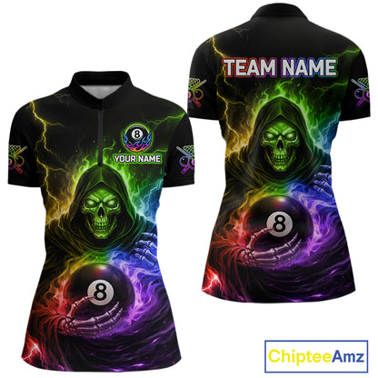 Colorful Flames Grim Reaper Holding 8 Ball Pool Women Polo & 1/4-Zip Shirt Personalized Billiard Gifts NYN2663