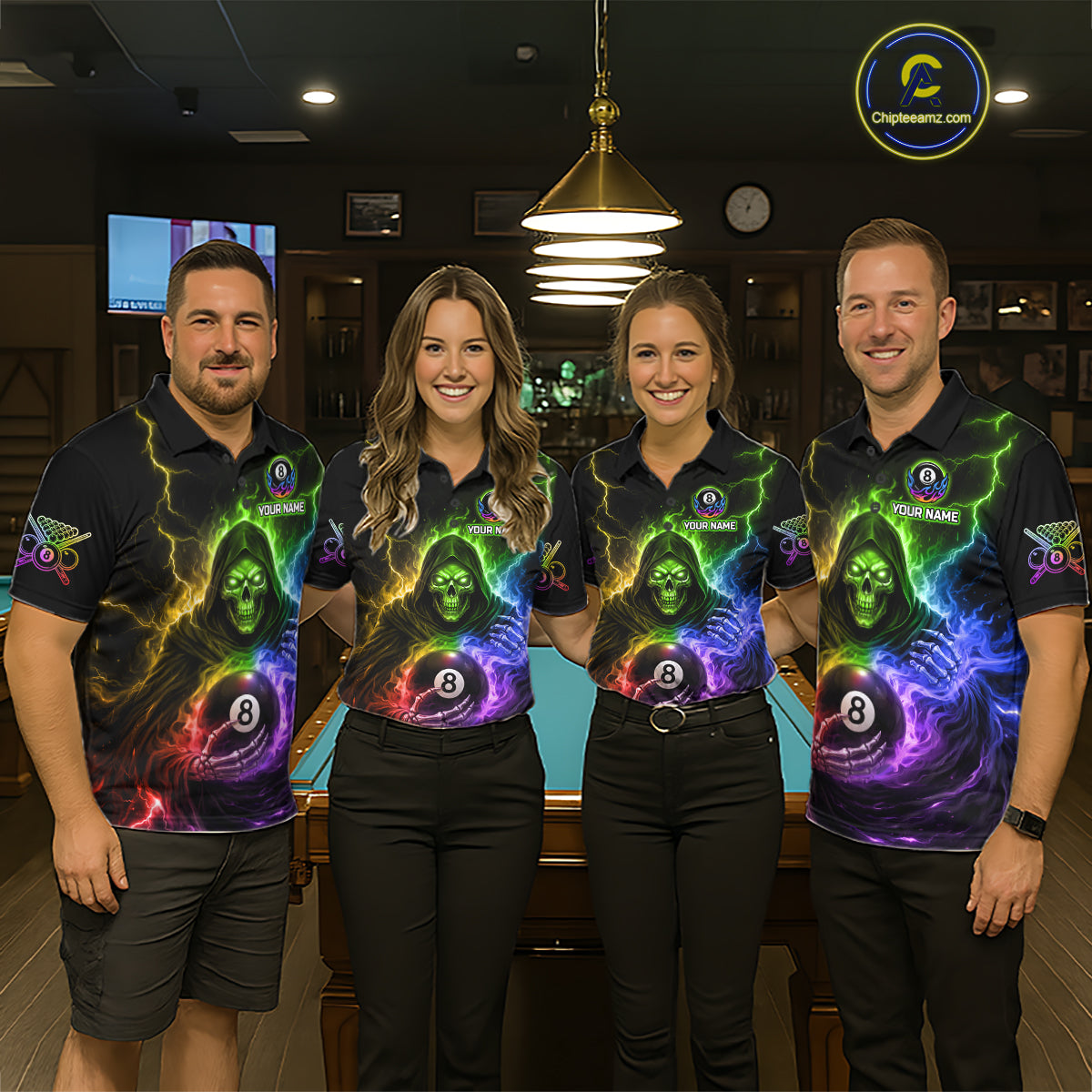 Colorful Flames Grim Reaper Holding 8 Ball Pool Men Polo & 1/4-Zip Shirt Personalized Billiard Gifts NYN2663