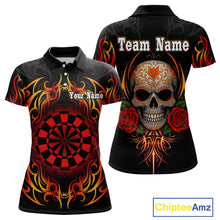 Load image into Gallery viewer, Women's Custom Darts Shirt With Roses Skull Polynesian Pattern And Red Dartboard NYN0254