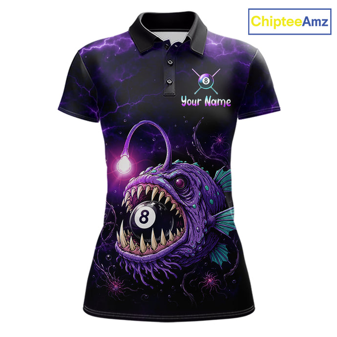 Custom Name Anglerfish women's billiard polo featuring Purple Thunder lightning, fierce deep-sea anglerfish, personalized 8 Ball pool tournament jersey, APA BCA VNEA cue sports apparel, moisture-wicking athletic polo, custom billiard league uniform, ocean wildlife performance shirt