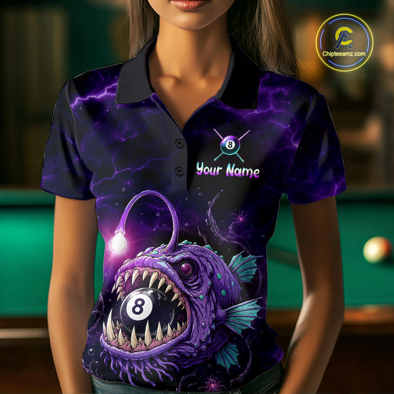Female model wearing Purple Thunder Anglerfish billiard polo featuring personalized 8 Ball tournament jersey, professional cue sports apparel, deep-sea fantasy artwork, athletic performance clothing for APA, BCA and VNEA competitions