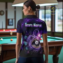 Load image into Gallery viewer, Female model wearing Purple Thunder Anglerfish billiard polo featuring personalized 8 Ball tournament jersey, professional cue sports apparel, deep-sea fantasy artwork, athletic performance clothing for APA, BCA and VNEA competitions