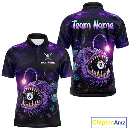Custom Name Anglerfish men's billiard polo featuring Purple Thunder artwork, personalized 8 Ball billiard jersey, custom cue sports tournament apparel, APA pool league performance shirt, breathable athletic team uniform inspired by deep-sea predators