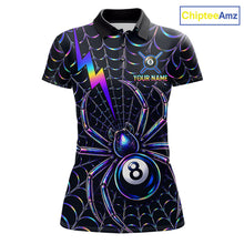 Load image into Gallery viewer, Rainbow Neon Web women's billiard polo featuring colorful spider web artwork, personalized Spider 8 Ball tournament jersey, custom cue sports apparel, APA pool league performance shirt, vibrant athletic billiard uniform