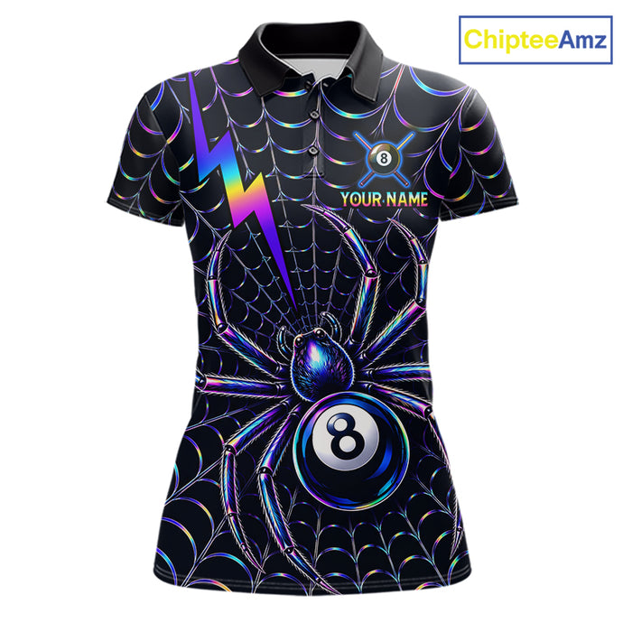 Rainbow Neon Web women's billiard polo featuring colorful spider web artwork, personalized Spider 8 Ball tournament jersey, custom cue sports apparel, APA pool league performance shirt, vibrant athletic billiard uniform