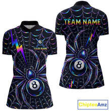 Load image into Gallery viewer, Rainbow Neon Web women's quarter-zip billiard jersey featuring colorful spider web artwork, personalized pool league tournament shirt, premium cue sports apparel, lightweight performance athletic uniform