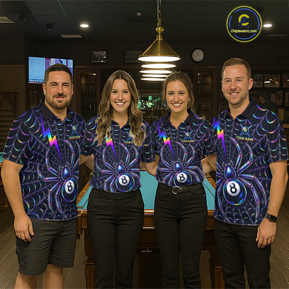 Matching Rainbow Neon Spider billiard jerseys for men and women featuring colorful neon spider web artwork symbolizing creativity, patience, precision and strategic thinking, appealing to Halloween lovers, tattoo enthusiasts, gamers, comic fans, fantasy art collectors, esports communities and competitive cue sports teams