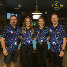 Load image into Gallery viewer, Matching Rainbow Neon Spider billiard jerseys for men and women featuring colorful neon spider web artwork symbolizing creativity, patience, precision and strategic thinking, appealing to Halloween lovers, tattoo enthusiasts, gamers, comic fans, fantasy art collectors, esports communities and competitive cue sports teams
