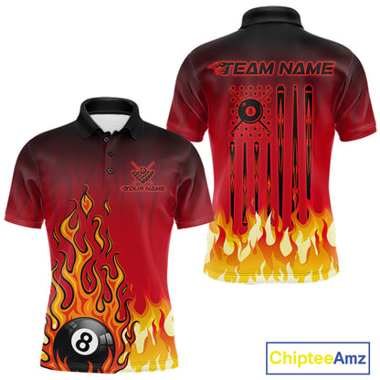 American Flag Patriotic Billiard Shirt For Men Custom Fire Flame 8 Ball Pool Team Jerseys | Red NYN4048