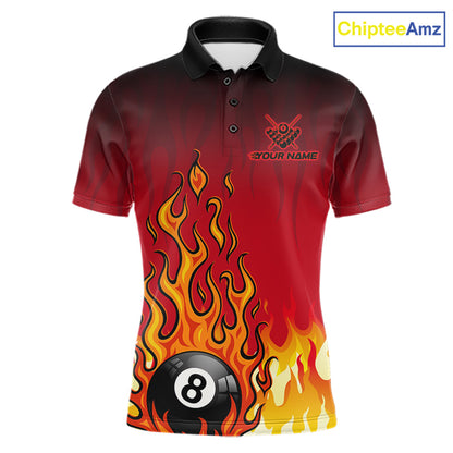 American Flag Patriotic Billiard Shirt For Men Custom Fire Flame 8 Ball Pool Team Jerseys | Red NYN4048