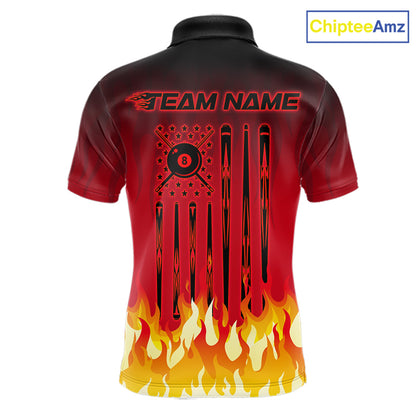 American Flag Patriotic Billiard Shirt For Men Custom Fire Flame 8 Ball Pool Team Jerseys | Red NYN4048