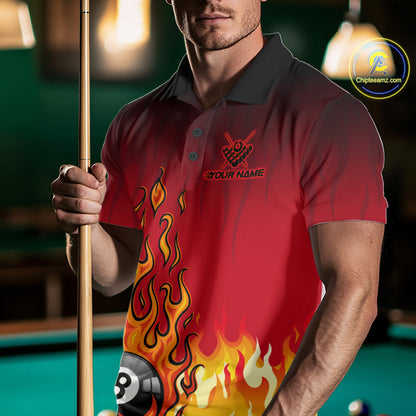 American Flag Patriotic Billiard Shirt For Men Custom Fire Flame 8 Ball Pool Team Jerseys | Red NYN4048