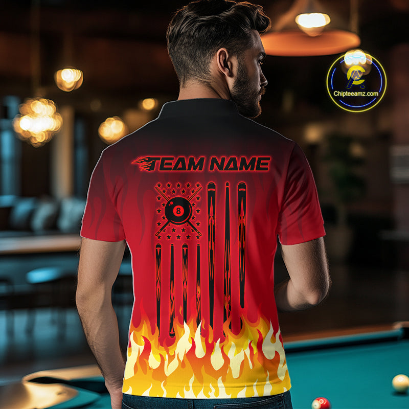 American Flag Patriotic Billiard Shirt For Men Custom Fire Flame 8 Ball Pool Team Jerseys | Red NYN4048