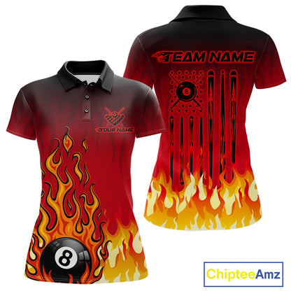 American Flag Patriotic Billiard Shirt For Women Custom Fire Flame 8 Ball Pool Team Jerseys | Red NYN4048
