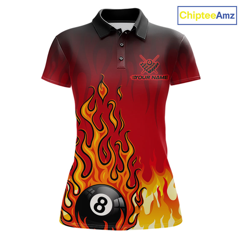 American Flag Patriotic Billiard Shirt For Women Custom Fire Flame 8 Ball Pool Team Jerseys | Red NYN4048