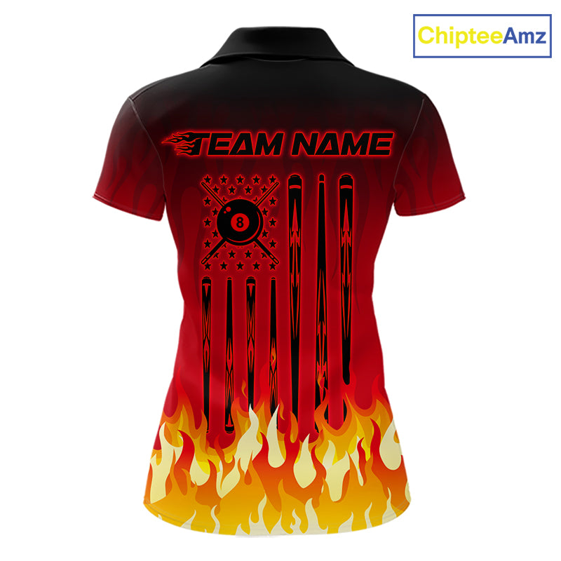 American Flag Patriotic Billiard Shirt For Women Custom Fire Flame 8 Ball Pool Team Jerseys | Red NYN4048