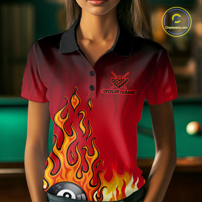 American Flag Patriotic Billiard Shirt For Women Custom Fire Flame 8 Ball Pool Team Jerseys | Red NYN4048