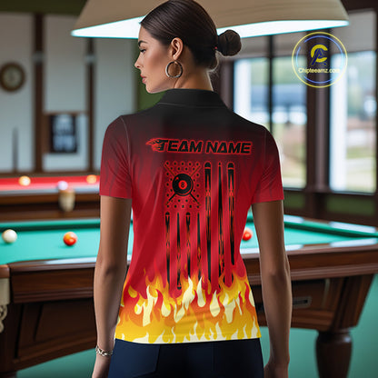 American Flag Patriotic Billiard Shirt For Women Custom Fire Flame 8 Ball Pool Team Jerseys | Red NYN4048