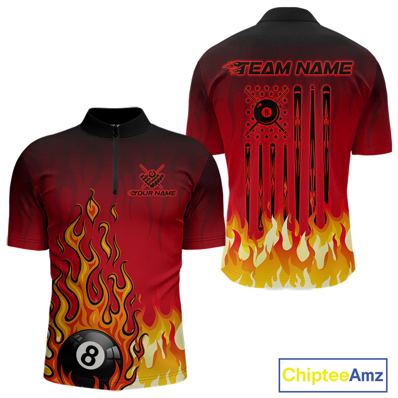 American Flag Patriotic Billiard Shirt For Men Custom Fire Flame 8 Ball Pool Team Jerseys | Red NYN4048